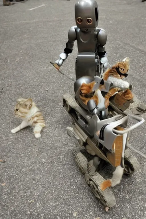 Image similar to tiny humanoid robots riding cats into war.