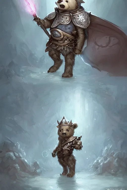 Image similar to cute little anthropomorphic bear knight wearing a cape and a crown, tiny, small, miniature bear, baby animal, short, pale blue armor, cute and adorable, pretty, beautiful, DnD character art portrait, matte fantasy painting, DeviantArt Artstation, by Jason Felix by Steve Argyle by Tyler Jacobson by Peter Mohrbacher, cinematic lighting