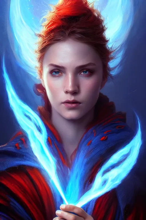 Image similar to Front portrait of mage hold a blue fire on right hand and red fire on the left hand, full body, fine art, awesome fantasy book cover on Pinterest, award winning, dark fantasy landscape, fantasy magic, intricate, elegant, sharp focus, cinematic lighting, highly detailed, digital painting, concept art, art by WLOP and Artgerm and Greg Rutkowski, masterpiece, trending on artstation, 8K