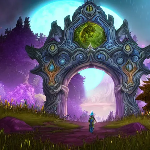 Prompt: world of warcraft full moon teldrassil ruth theran with darnassus portal in the back and view in direction to auberdine