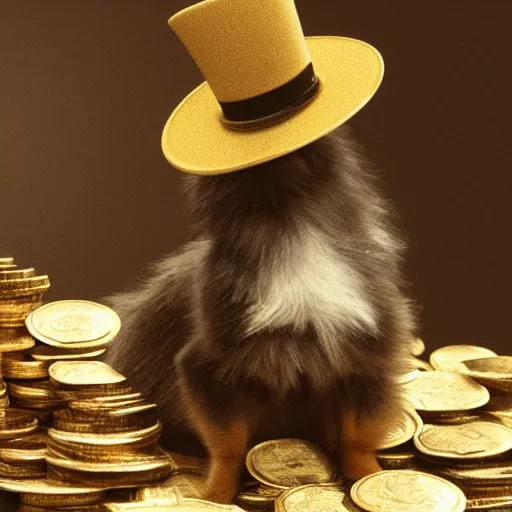 Image similar to a tan pomeranian wearing a top - hat and a monocle and sitting on large pile of featureless gold coins