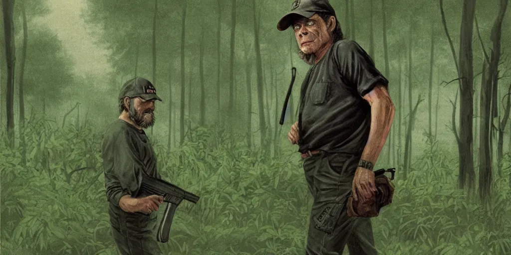 Prompt: stephen king film illustration of a caucasian bearded man alone in a lush green forest, wearing a baseball hat, japanese masterful illustration, 1 9 8 0 s style, apprehensive mood, man is carrying a rifle, alone, matte illustration, apocalyptic vibes