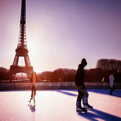 Image similar to extreme long shot, landscape, man and woman with long brown hair ice skating in front of eiffel tower, soft lighting, soft aesthetic, cool pallet, soft focus, lens flare