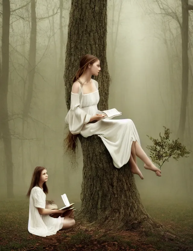 Prompt: Girl in white reading a book sitting on a tree in a foggy forest, Cinematic focus, Polaroid photo, vintage, neutral colors, soft lights, by Steve Hanks, by Serov Valentin, by lisa yuskavage, by Andrei Tarkovsky 8k render, detailed, oil on canvas