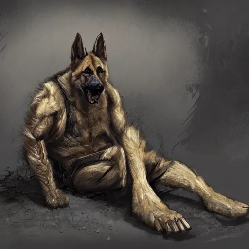 Image similar to a wounded humanoid german shepherd beast - man in military style, sitting on the carpeted floor beside a bed, highly detailed portrait, digital painting, artstation, concept art, smooth, sharp foccus ilustration, artstation