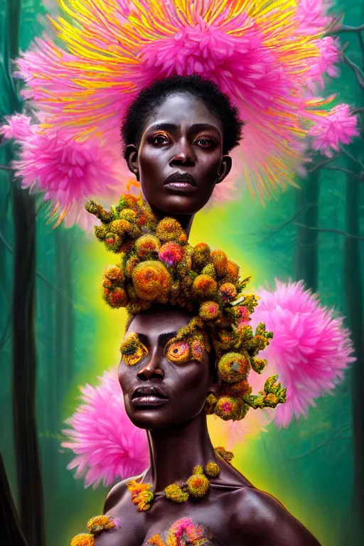 Image similar to hyperrealistic neo - rococo cinematic super expressive! yoruba goddess with exoskeleton armor, merging with tree in a forest, pink yellow flowers, highly detailed digital art masterpiece, smooth etienne sandorfi eric zener dramatic pearlescent soft teal light, ground angle hd 8 k, sharp focus