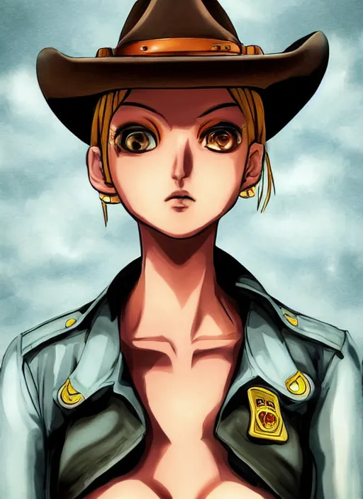 Prompt: a portrait one person, complexity, global lighting, detail, ultra sharpness, beautiful female sheriff body from games yoshihiro togashi style, big eyes, plump lips, a gunshot, global lighting, western saloon theme, detailed faces, blank faces, style by cain kuga, cowboy bebop art style