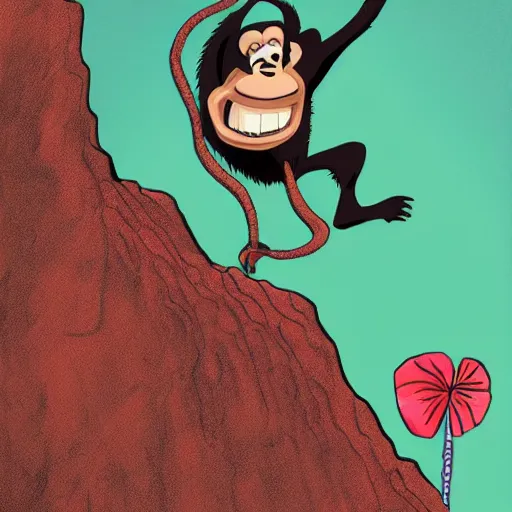 Prompt: a cartoon of a chimp holding on to a cliff edge by one arm, art by monionium