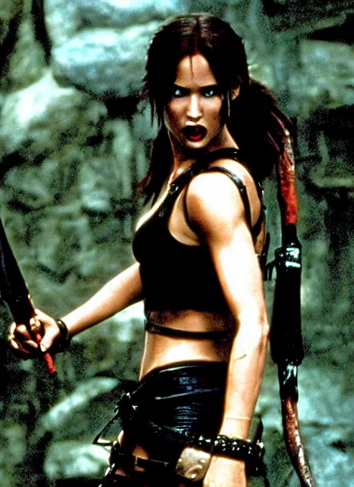 Prompt: candid photo of lara croft as a gothic vampire in the movie the lost boys