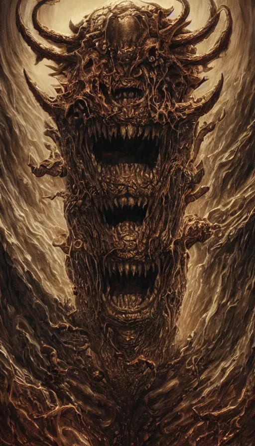 Image similar to Elden Ring and Doom themed painting of screaming majestic demon king, intricate artwork by Artgerm, Johnatan Wayshak, Zdizslaw Beksinski, Darius Zawadzki, H.R. Giger, Takato Yamamoto, masterpiece, very coherent artwork, cinematic, high detail, octane render, unreal engine, 8k, High contrast, golden ratio, trending on cgsociety, ultra high quality model, production quality cinema model