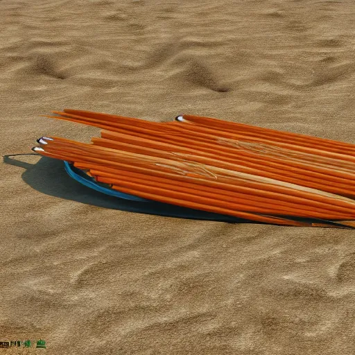 Image similar to two long chinese fying pans on a beach, photorealistic, 8k