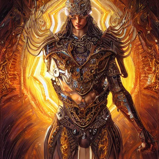 Image similar to a beautiful symmetrical muscular body wearing an armor made of golden ornaments and gems by alex gray and android jones , Karol Bak, Ayami Kojima, Amano , concept art, character design, fantasy,3D, 8k resolution