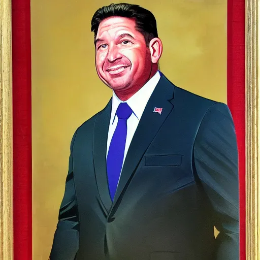 Image similar to Ron Desantis in the style of a North Korean portrait