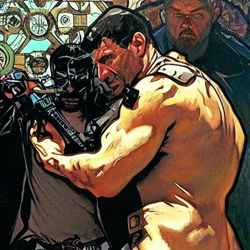 Image similar to the punisher fighting kingpin. Epic painting by James Gurney, Alphonso Mucha.