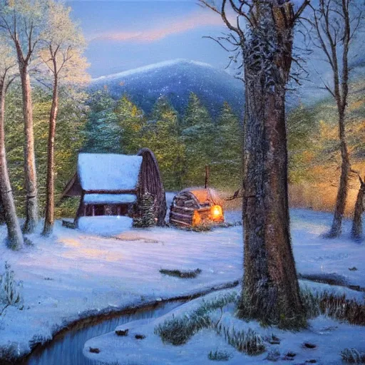 Prompt: beautiful oil painting, snowy woodland meadow, log cabin, smoke billowing from chimney, evening, light from window, water stream, water wheel, oak trees, pine trees, rabbits, squirrel, fox, mild breeze wind, snow on trees and ground, mountain in background, high detailed