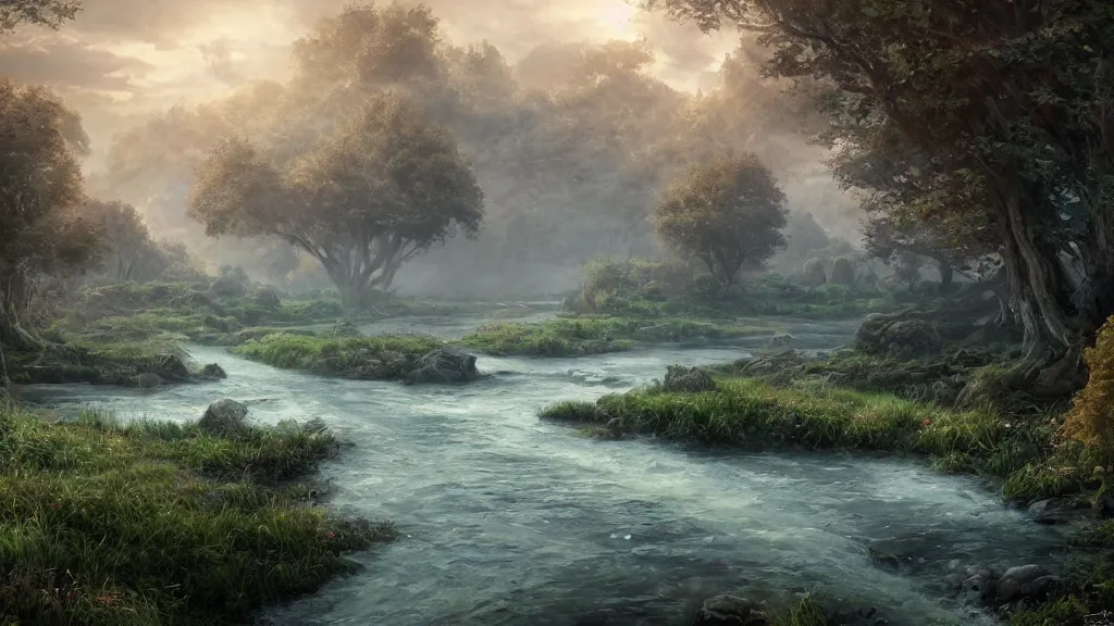 Prompt: The Riverlands, Green Scenery, Game of Thrones, Morning atmosphere, Flowers and River, volumetric lighting, fantasy artwork, very beautiful scenery, very realistic painting effect, hd, hdr, cinematic 4k wallpaper, 8k, ultra detailed, high resolution, artstation in the style of Marc Simonetti