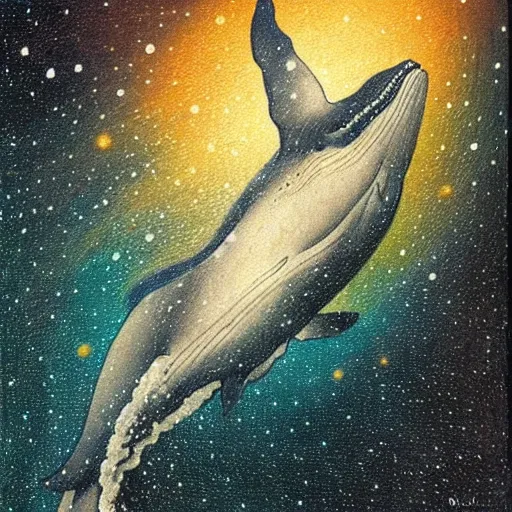 Image similar to portrait of whale swimming on a starry night sky, swimming across the universe, oniric, dreamy, beautiful,