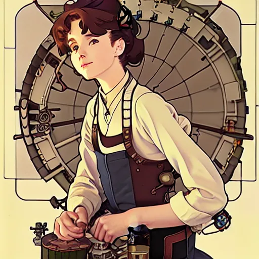 Image similar to Portrait of mckenna grace as an airship mechanic at her crammed workbench, steampunk, defined facial features, highly detailed, busy, artstation, official artbook, official Kyoto Animation and Studio Ghibli anime screenshot, by Ilya Kuvshinov and Alphonse Mucha