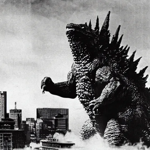 Image similar to godzilla attacking albany, old movie