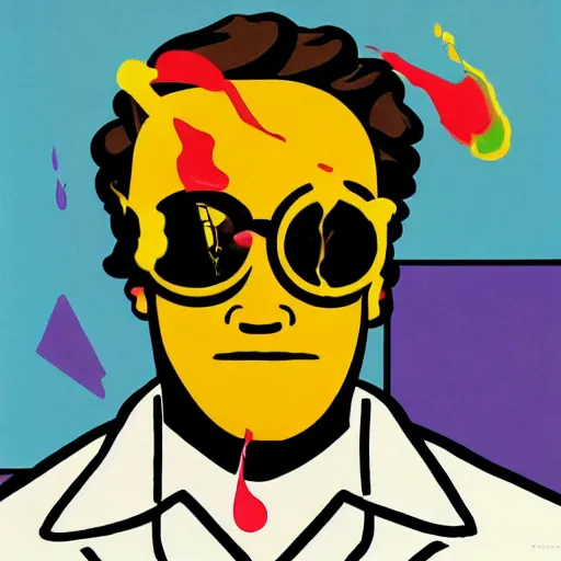 Prompt: a burning chemist in a white coat, modern pop art