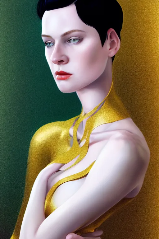 Image similar to Portrait of a beautiful pale skin Nordic female with short black hair, elegant, photorealistic, highly detailed, artstation, smooth, sharp focus, gold ornaments, neon lighting, sci-fi, art by Klimt.