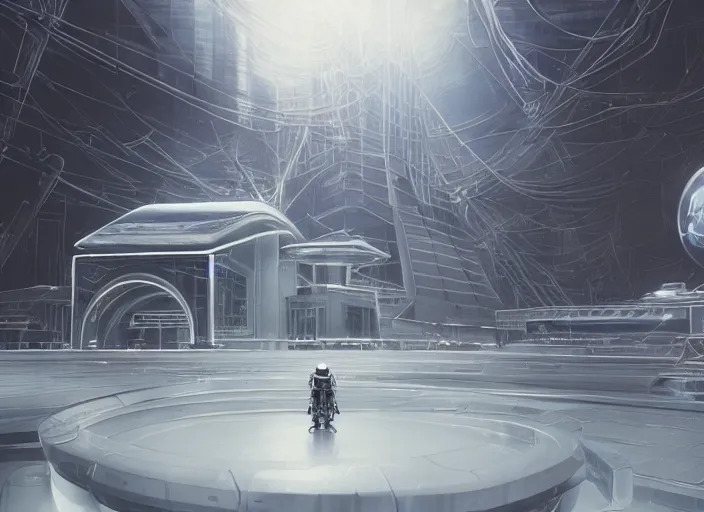 Image similar to cult of technology, exterior, scifi, temple, machines, robots, ultra realistic, transparent labs, metallic surface, highly detailed, white, futuristic landscape, city, utopian architecture, atmosphere, masterpiece, portals, epic lighting, glow, mysterious, 4 k, cinematic, art by patryk olkiewicz and chris ostrowski and liang yao