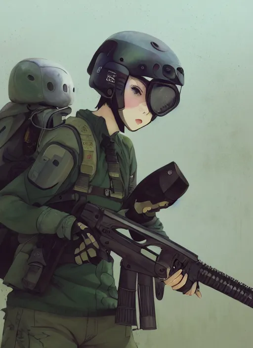 Prompt: a paintball sport player girl, softair center landscape, illustration, concept art, anime key visual, trending pixiv fanbox, by wlop and greg rutkowski and makoto shinkai and studio ghibli and kyoto animation, paintball world cup, symmetrical facial features, short hair, white hockey clothes, blue lens airsoft mask, red airsoft electric pistol, realistic anatomy