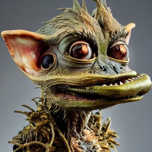 Prompt: photo taken of an epic intricate, ultra detailed, super realistic gritty, exquisitely weathered animatronic movie prop of a lifelike sculpture of a gremlin creature created by weta workshop, portrait, photorealistic, sharp focus, 4 0 0 0 k, f 1. 4