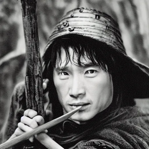 Image similar to a still from “ lord of the rings ” of a head and shoulders portrait of fei lung as a wizard with a wooden staff, photo by phil noto