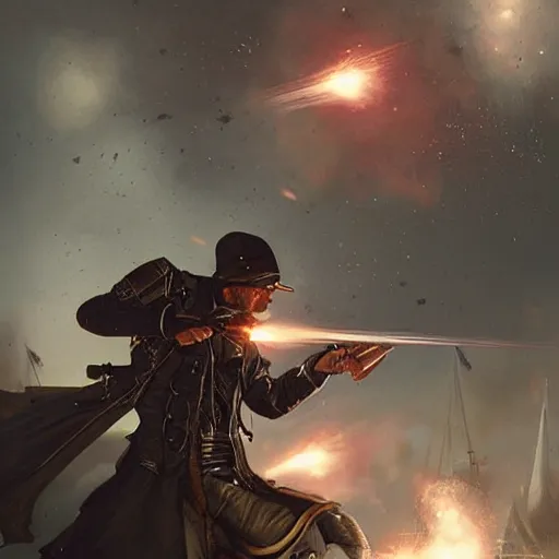 Image similar to magic cannons shotting. Magic muskets shooting at night in a revolution. 1700 style, symmetric face, hyperrealism, epic fantasy digital art, fantasy style art, by Greg Rutkowski, fantasy magic the gathering card art style