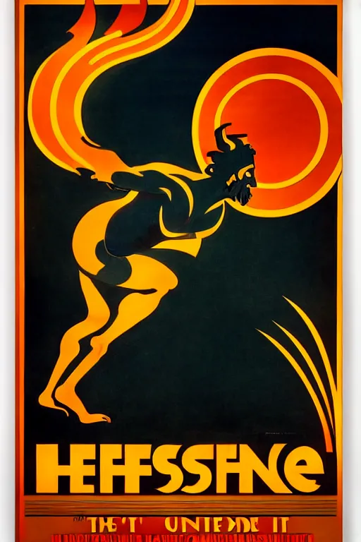 Prompt: art deco poster. hephaestus at the forge