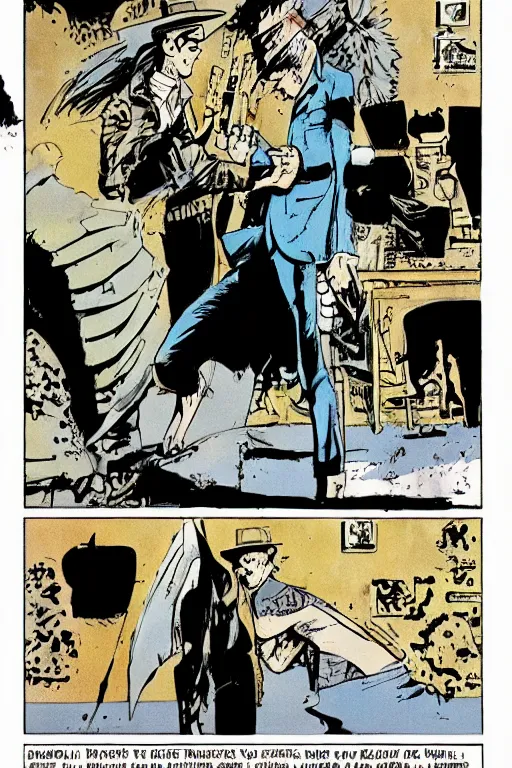 Image similar to sandman vs corto maltese, comic book page, art by hugo pratt