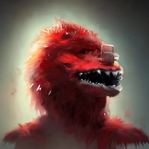 Prompt: realistic portrait of a grox from spore, red furry creature with one robotic eye, pointy ears, dramatic lighting, illustration by greg rutkowski, yoji shinkawa, 4 k, digital art, concept art, trending on artstation