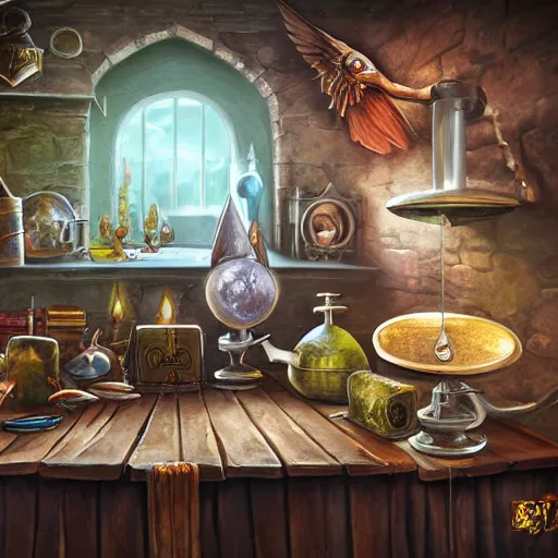 Image similar to photorealistic, tony sart, table, wizards laboratory, mortar, pestle, scales, magic book, beaker, energy