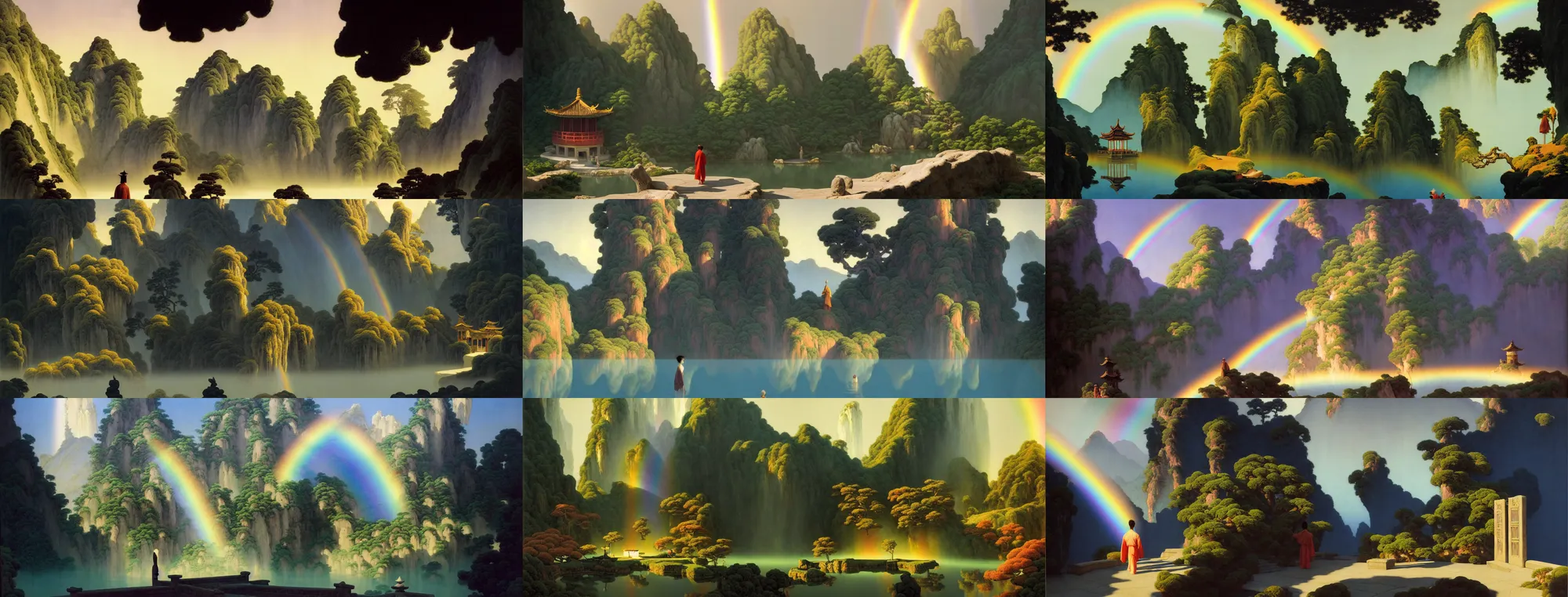 Image similar to a gorgeous landscape painting by barlowe wayne, maxfield parrish and marco mazzoni. chinese temple. sunny morning. a lonely chinese wuxia walks on the winding stone steps, stone gate to the dark cave, 3 d, octane render, turbulent lake, waterfall. fog, just one rainbow. 8 k.