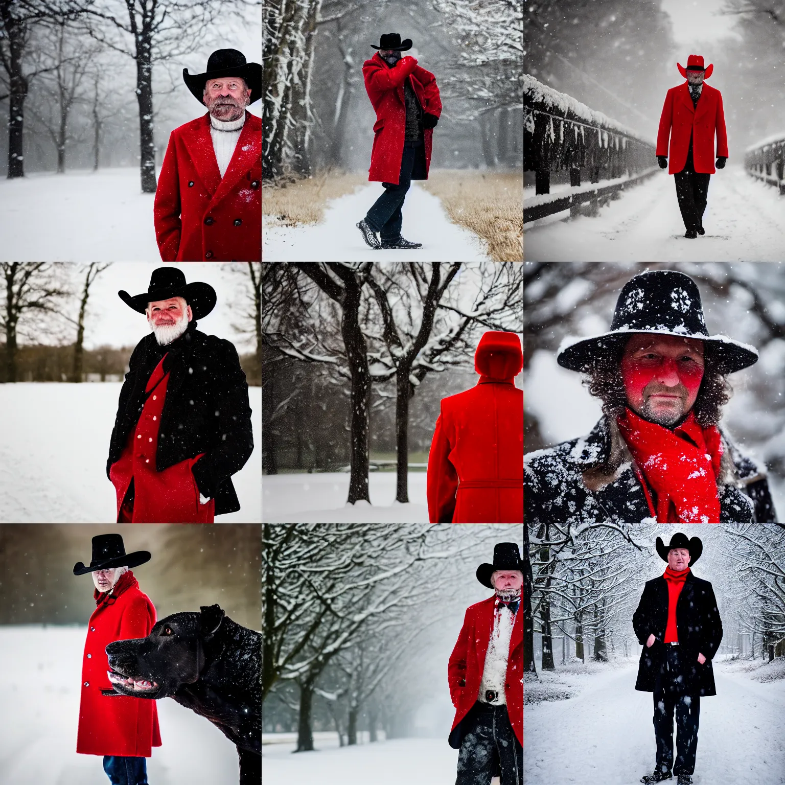 Prompt: a portrait of a yorkshire wearing a red coat and a black cowboy hat in the snow, Sigma 85mm f/1.4, yorkshire