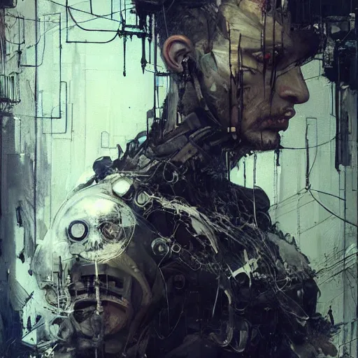 Image similar to cybernetic hunter, cyberpunk, wires, skulls, machines by emil melmoth zdzislaw belsinki craig mullins yoji shinkawa realistic render ominous detailed photo atmospheric by jeremy mann francis bacon and agnes cecile ink drips paint smears digital glitches glitchart