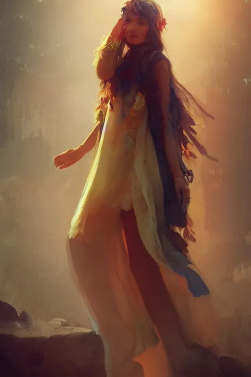 Image similar to a gorgeous young woman in a hippy 70's outfit, intricate, elegant, volumetric lighting, scenery, digital painting, highly detailed, artstation, sharp focus, illustration, concept art,ruan jia, steve mccurry