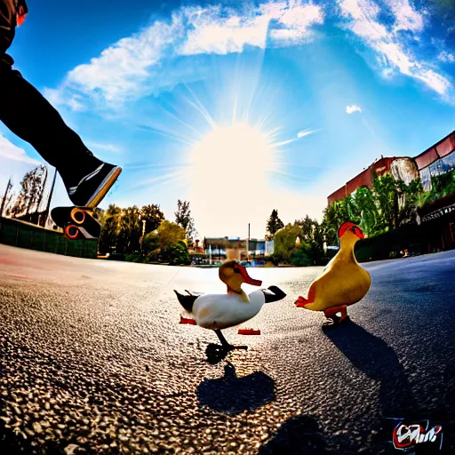 Image similar to skateboarding ducks, asphalt, fish eye lens, hip hop, urban, realistic, picture, full focus