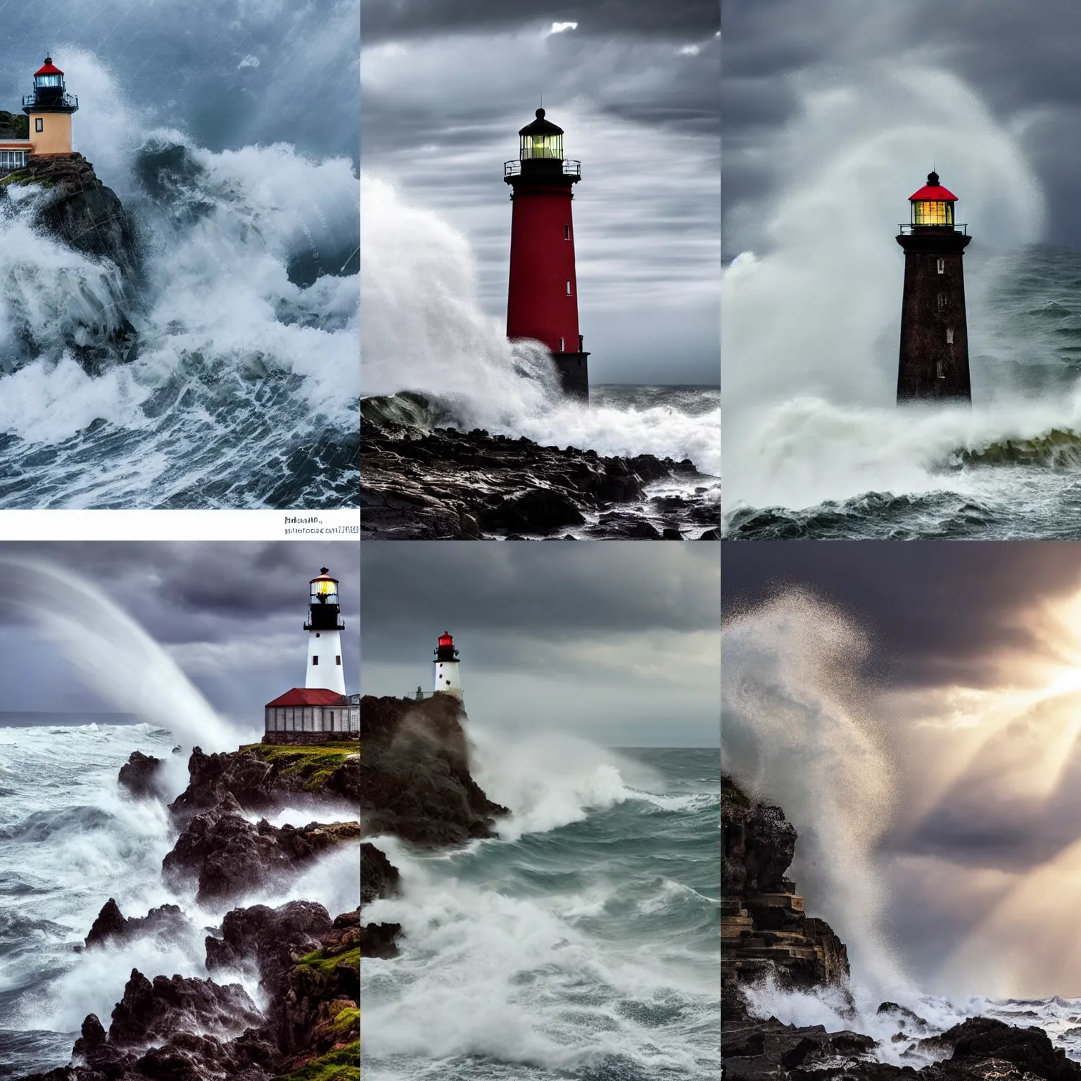 Prompt: huge waves crashing over a lighthouse on rocks with huge, very huge waves, scenic full shot, ambient lighting, stormy sky, god rays, art nouveau