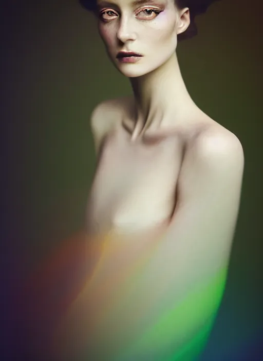Image similar to kodak portra 4 0 0 photo portrait of a beautiful woman in style of paolo roversi, lightpainting motion blur dressed in long, elegant, soft coloured gel lighting, highly detailed, sharp focus,, octane render, ethereal, out worldly colours, emotionally evoking, head in focus, soft blur coloured gel light dreamy, volumetric lighting unreal engine, epic fantasy