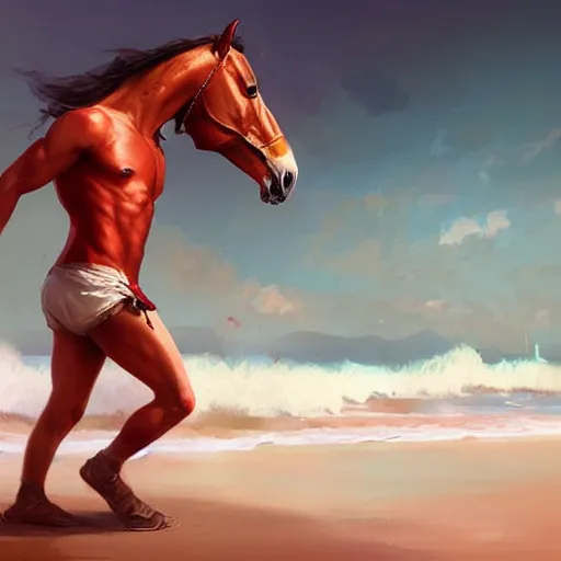 Image similar to beautiful commission of a male anthropomorphic horse wearing red shorts on the beach,digital art,art by greg rutkowski,ross tran,character design by charlie bowater,artstation,deviantart,photorealistoc,hyperdetailed,detailed face,high resolution,high quality