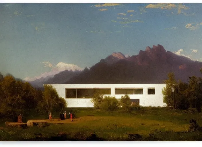 Image similar to painting of a mies van der rohe house in front of beautiful mountains by albert bierstadt