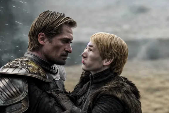 Image similar to very very intricate photorealistic photo of jaime lannister killing cersei, photo is in focus with detailed atmospheric lighting, award - winning details