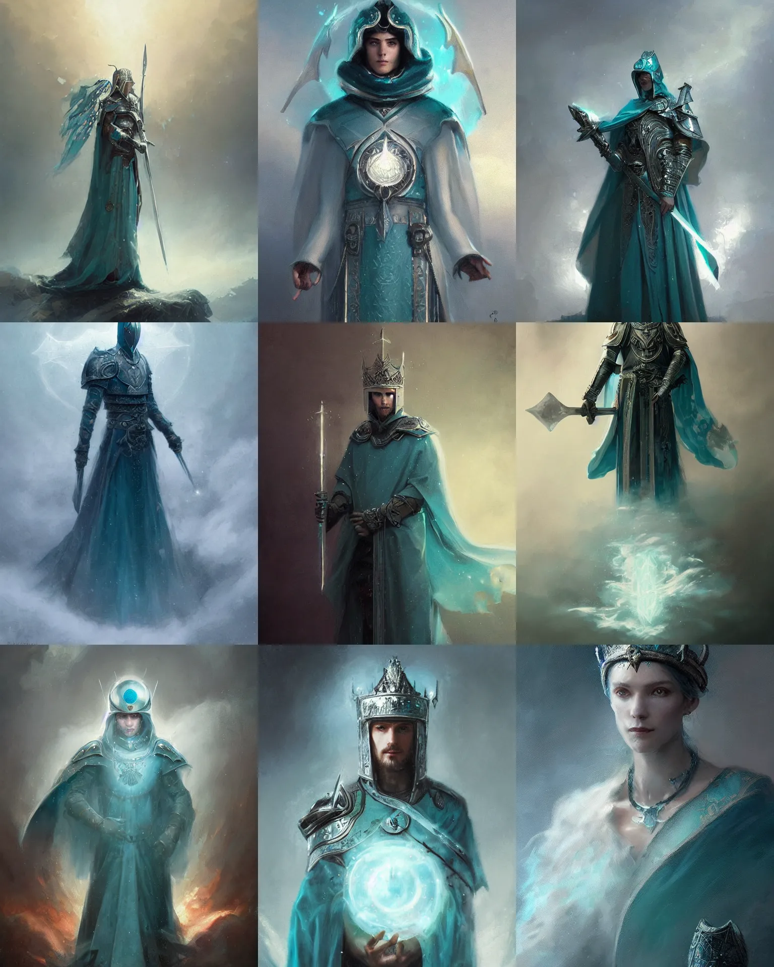 Prompt: portrait of a divine knight dressed in teal robes and helmet, silver crown, runes, jewelry, mystical, ethereal, magical white fog, painting by greg rutkowski