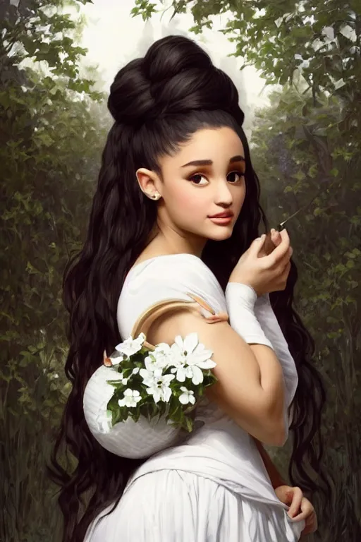 Prompt: beautiful cottagecore Ariana Grande holding a white colored vase. intricate, elegant. the background is black and white !. highly detailed, digital painting, artstation, concept art, smooth, sharp, focus, illustration. . art by artgerm and greg rutkowski and alphonse mucha