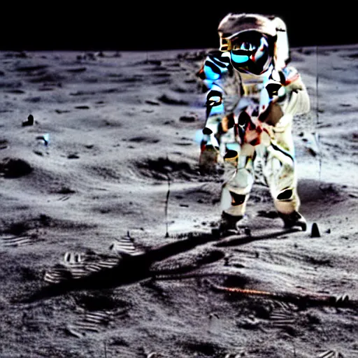 Image similar to penguin wearing spacesuit helmet, standing next to the Apollo lunar lander module, on the lunar surface. TV footage