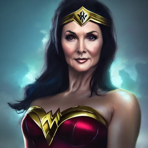 Prompt: fantasy portrait of Lynda Carter as wonder woman with long black hair , backlit , made by Stanley Artgerm Lau, WLOP, Rossdraws, ArtStation, CGSociety, concept art, cgsociety, octane render, trending on artstation, artstationHD, artstationHQ, unreal engine, 4k, 8k, sfw