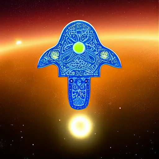 Image similar to a spaceship designed like hamsa is flying in space among the stars, digital art, futuristic