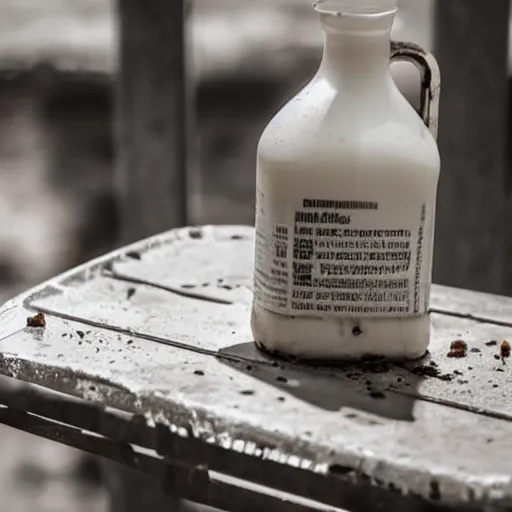 Image similar to bottle of milk, over a rusted metal table inside slaughterhouse